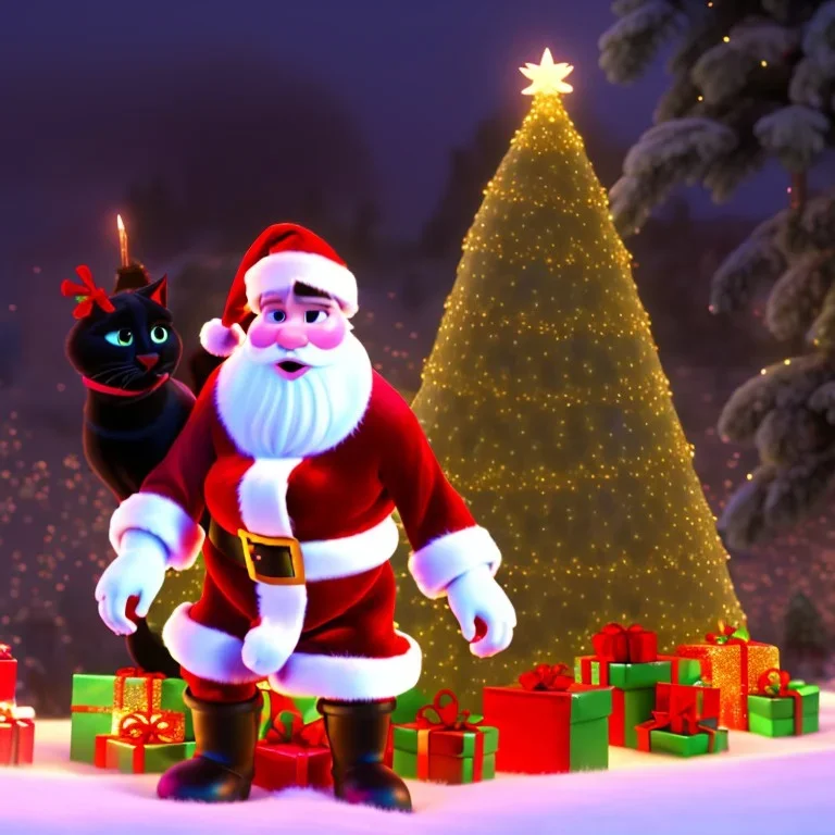 santa black Cat tangled up in christmas tree lights holiday