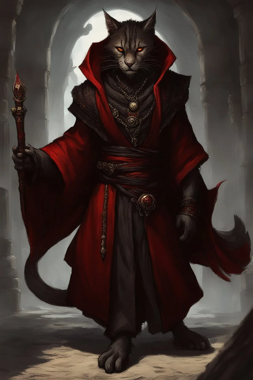 Male khajiit with grey fur and Hazel eyes wearing blood red and black robes in a fantasy setting, sorcerer of death