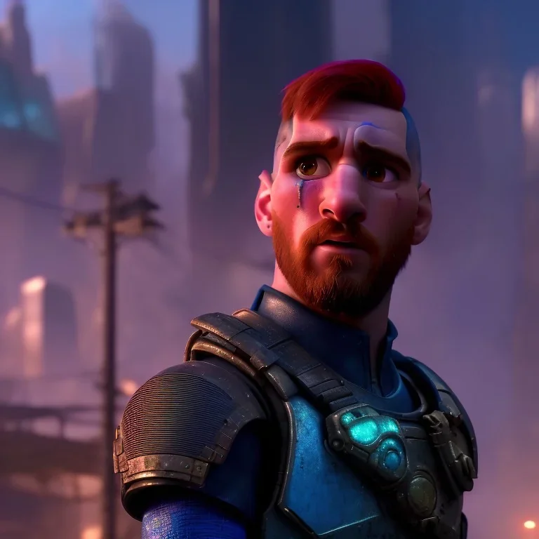 portrait post-apocalypse cyborgs perfect face lionel messi in a cyberpunk city, argentina flag sci-fi fantasy style, volumetric lighting, particales,highly detailed,cinamatic, deep colours,