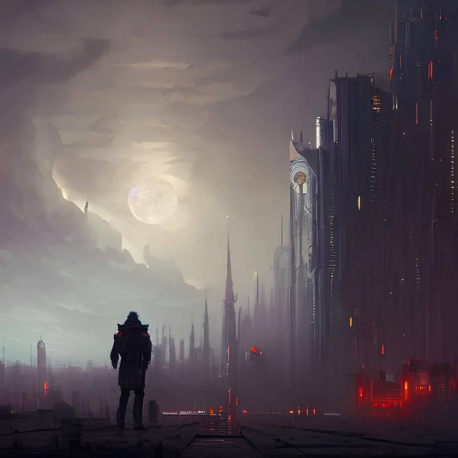 a cyberpunk setting, dramatic light, castle background, clouds, moon, storm, night, high detail, fantasy background, painted by greg rutkowski, digital art, trending on artstation