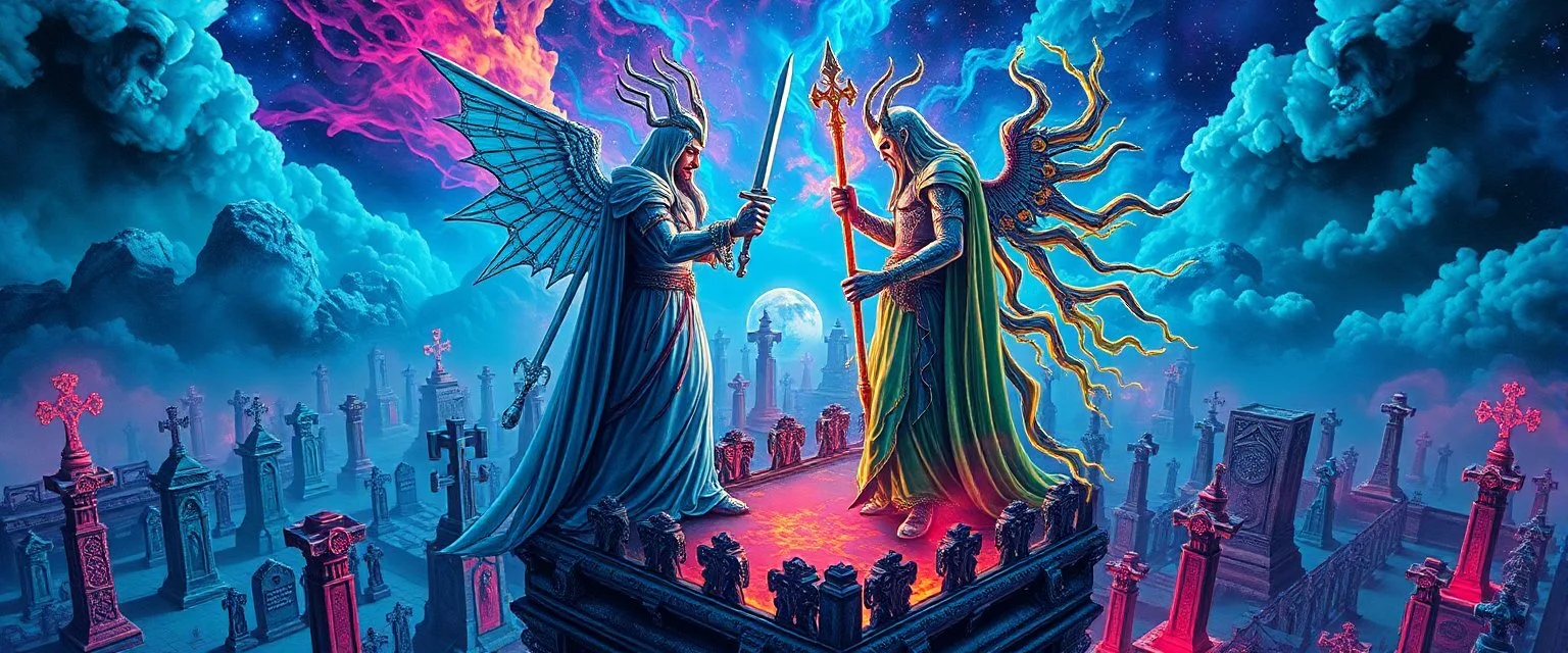 Metallic Epic portrait of most holy paladin vs demi-lich in tower cemetery in the style of Giger and Escher in Transparent Psychedelic Fluorescent Colors looking like a Record Cover, multidimensional depth of field, airbrush pen outline, on top of tower, seen from the clouds