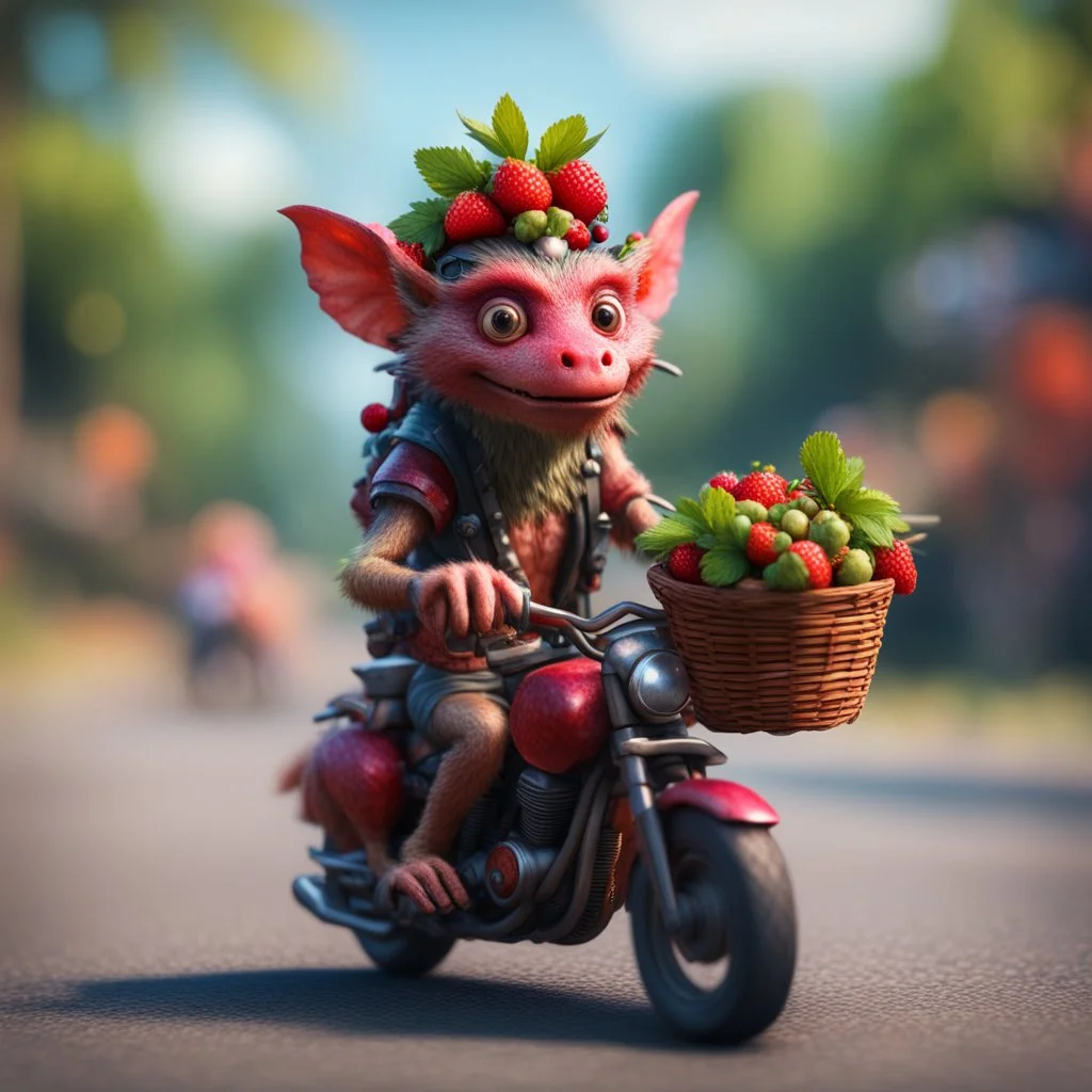 hairy heavy metal kobold strawberry beast hippie on motorbike with long eyebrows holding a basket of berries,bokeh like f/0.8, tilt-shift lens 8k, high detail, smooth render, down-light, unreal engine