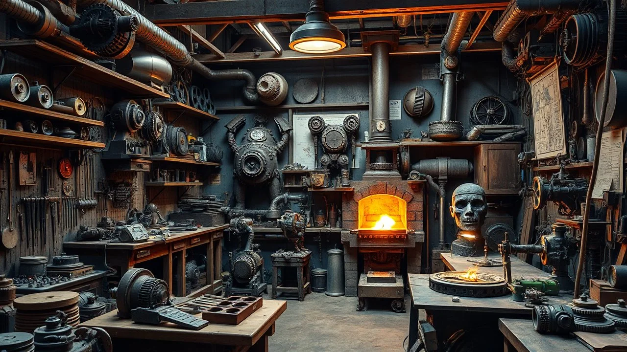 A workshop straight out of a steampunk fantasy, filled with a variety of mechanical automatons in different stages of construction. The walls are lined with tools, gears, and blueprints, and a central forge glows with the heat of molten metal. Award-winning photograph, beautiful composition, exquisite detail and illumination