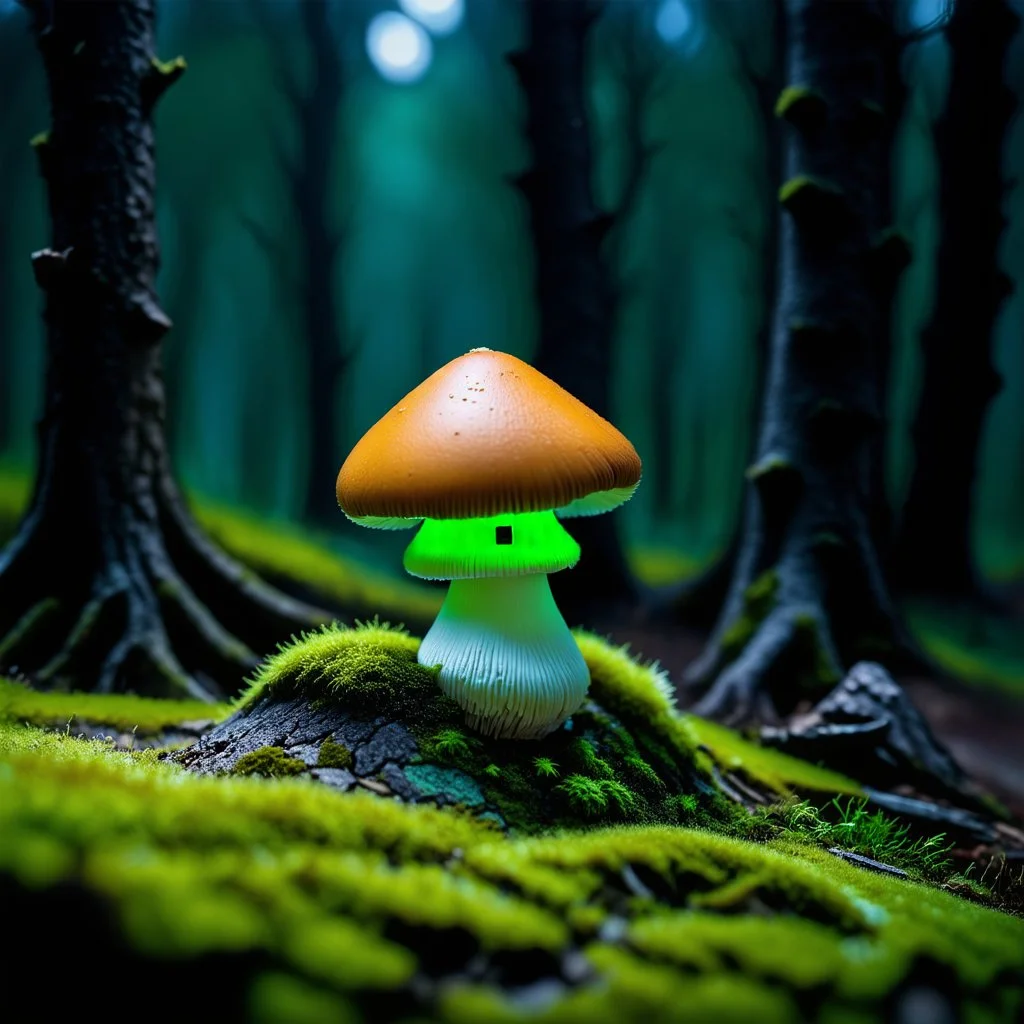 "Close up of a wonderful tiny Mushroom Tower home. Orange and green with bright white, deep black and contrasting tones of gray. Illuminated bioluminescent forest. Professional painter, master at composition. small but detailed. broken, blurred background, voluminous lighting"