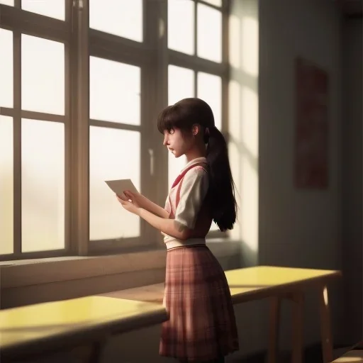 Study girl in classroom by the window ,movie, real photo realistic, unreal engine, cinematic lighting --ar 1:1 creative