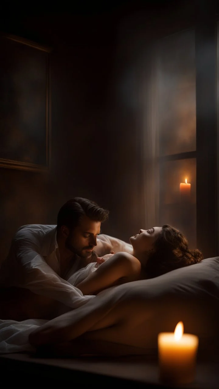 Remy Cogghe painting style, a trajectory a man holding his woman she is dying , she is laying down on bed in a foggy smoky background, in dark room with a dim candles light and a open window outside light , 4k, high quality photography