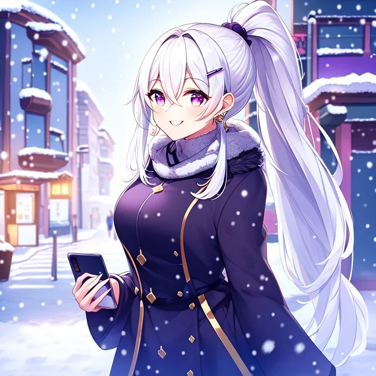 girl, masterpiece, best quality, volumetric lighting, detailed outfit, perfect eyes, long hair, white hair, purple eyes, snowing, winter clothes, smiling, street, ponytail, hairclip, earring, hair between eyes,