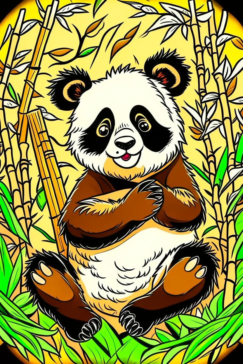 SIMPLE DRAW TO COLORING OF A PANDA WITH A BAMBOO BACKGROUND, CARTOON STYLE, LOW DETAILS, THICK LINES, NO SHADING,