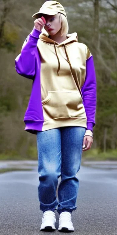 blonde women.Big colored headphones (gold rings!) is merged with small felt cap with visor.thick thighs,thick calves,flat belly,curvy fell. NOVEL kind of hoodie, form which condescends with integrated big flowing bag. It is sewed together of camouflage pieces, whose color are all denim colors,cream, brown, lilac and purple. . Big bright purple felt tippet and birght-colored-hood is merged with colorful beanie. Inside is orange. Style: 1990's California