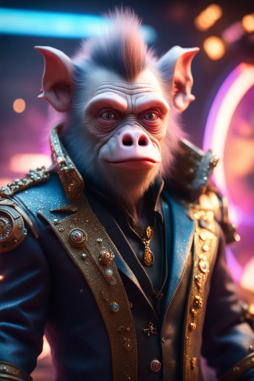 really macho pimp Christopher Walken orc monkey captain chat pig that go hard , in front of space portal dimensional glittering device, bokeh like f/0.8, tilt-shift lens 8k, high detail, smooth render, down-light, unreal engine, prize winning