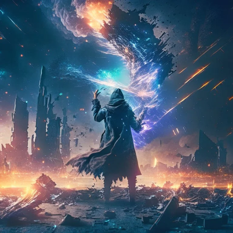 post apocalyptic space sorcerer casting spells, explosion behind, destroyed city, night starry sky, epic cinematic fight scene, 8k resolution, photorealistic, ultra detailed, macro photography