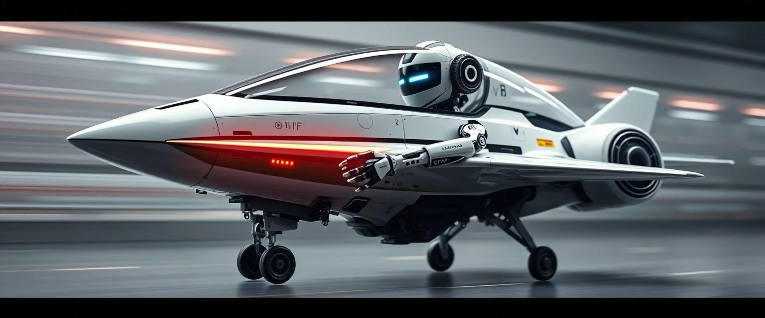blind contour robot lancer shaving machine with no teeth, like space ship fighter jet massage master guru fast moving motion blur background, landing wheel gears