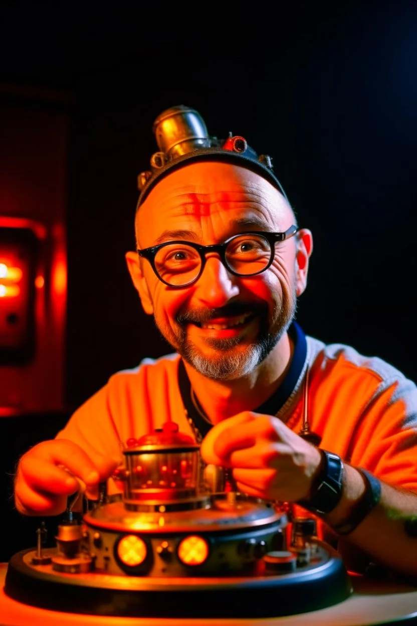 Portrait of a man with a radio helmet on his head. Wearing glasses. A small beard of pepper and salt. He is bald. White. He is a metal fan and smiles. Flames surround him. In the background, a robot gives him a finger.