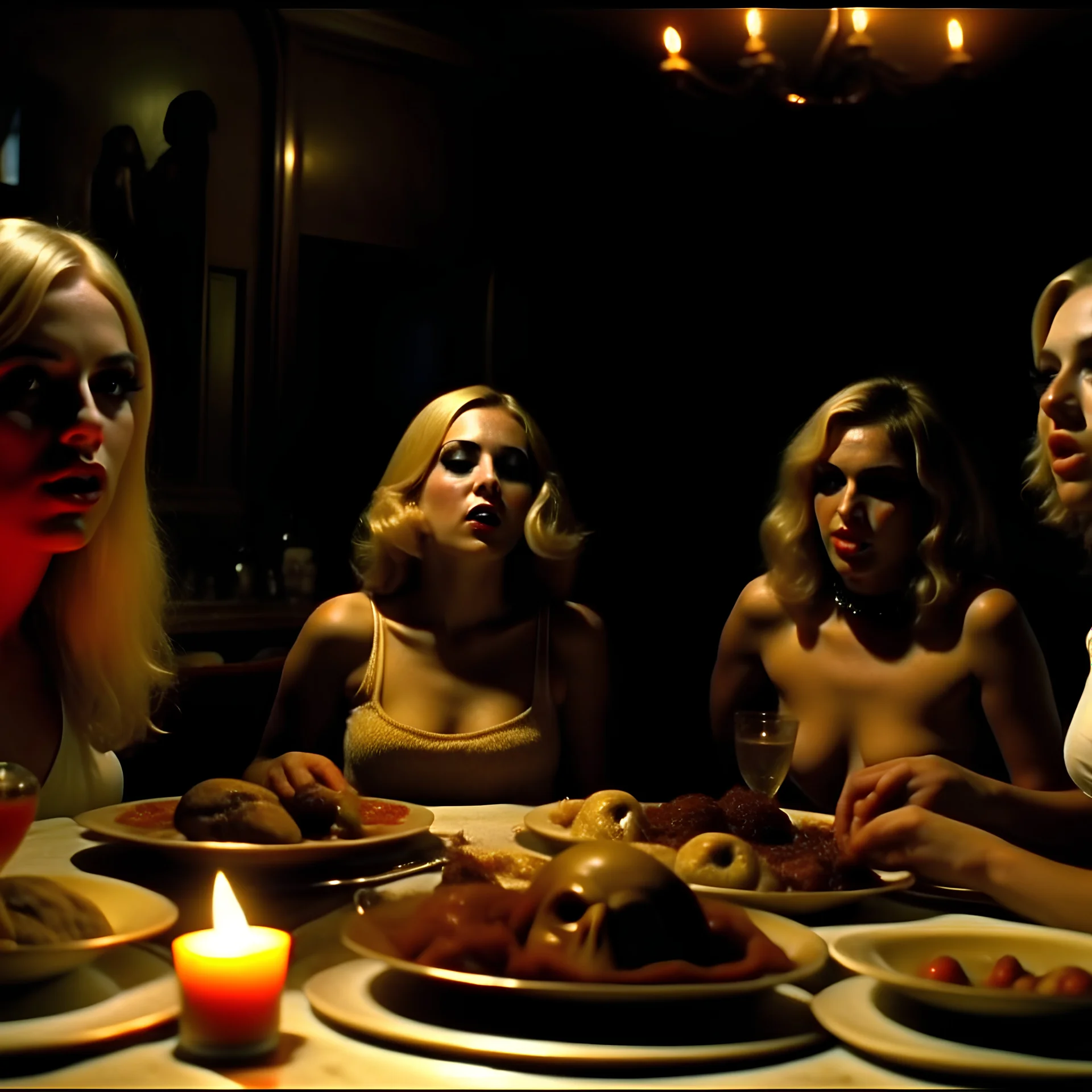 Horror movie shot, spooky, hot, ultra realistic hot dine, ultra realistic hot blonde women, chaos, party, pieces of meat, organs, ail, dynamic, very excited people, hypermaximalist figures, light, 1970's Italian horror movie, sinister,, Dario Argento, Stanley Kubrik, ornate, 4k, photorealism