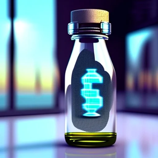 A digital message in a glass bottle. The message is the creation of artificial intelligence.