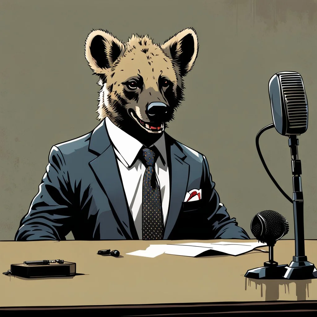 Hyena in a suit and tie, as an announcer sitting at the transmission table with a microphone presenting a newscast. Banksy cómic style. Ultra quality