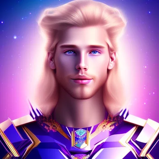 smiling beautiful long hair blond man face with small cristal diadem on the forehead , cosmic armor and cosmic purple and blue sky behind