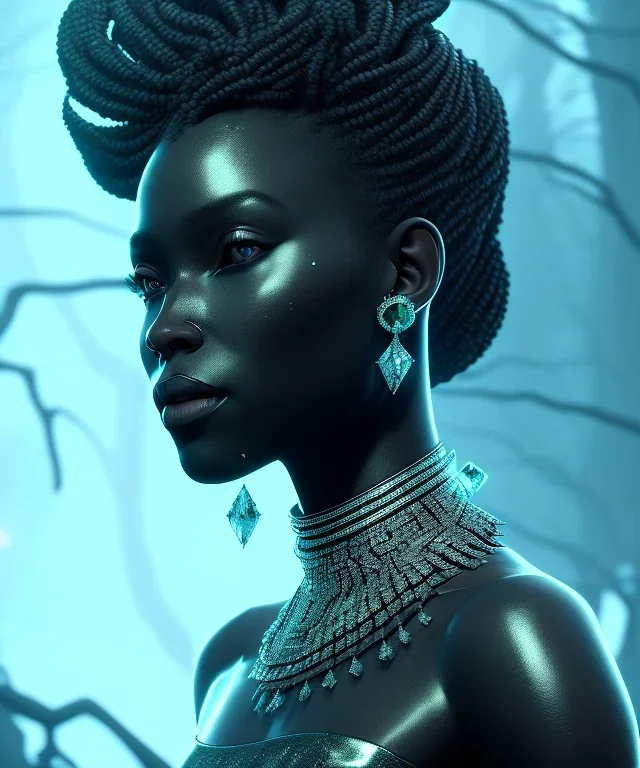 A portrait of a crystalised black queen, atmospheric, realistic, unreal engine, cinematic lighting, octane render.