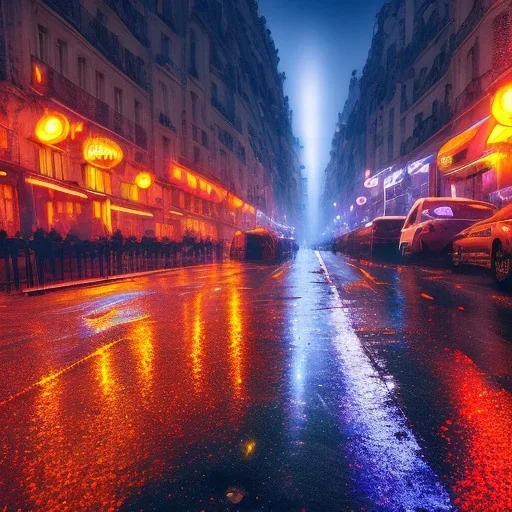 Cyberpunk street view in night, Paris, rain, ground reflection