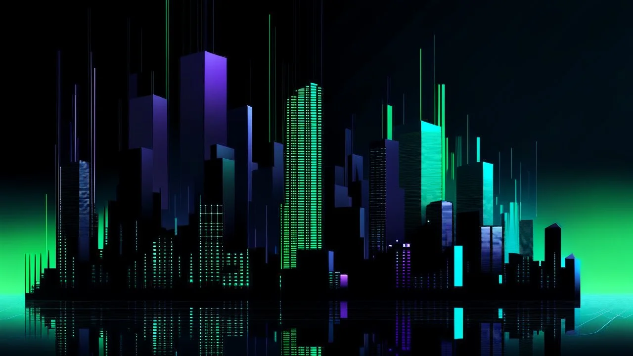 Digital and poly illustration of a minimalist and digital city with a dark background, colors are black, light blue and light green, and purple.