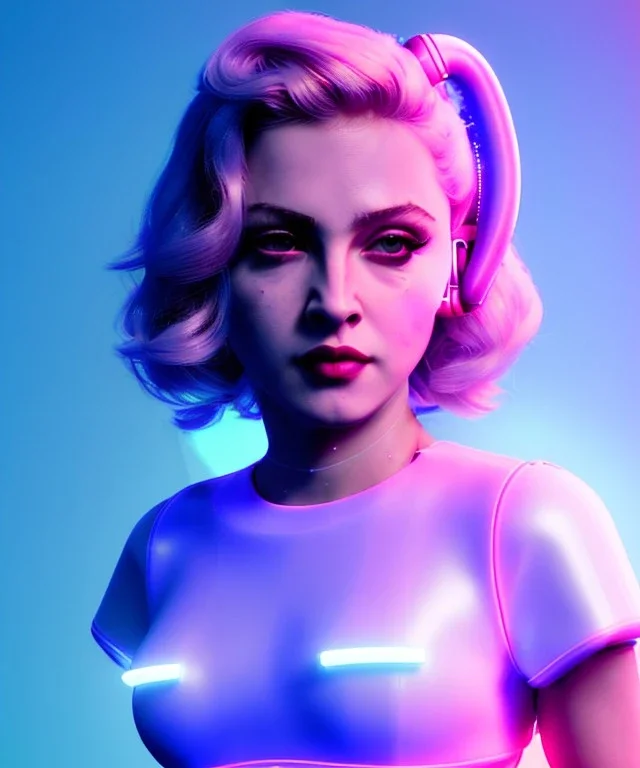 Artist, young madonna, android woman, sweet, blonde, white skin, long eyeliner, glossy lips, contour make-up, color leds lights, cables, short hair, circuits, cyberpunk, latex coat, cyber punk, neon, portrait, studio photo, unreal engine 5, soft color, 16 bit, god lights, ray tracing, RTX, lumen lighting, ultra deatail, volumetric lighting, 3d, finely drawn, hd.