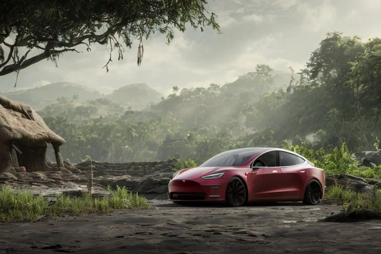 A Tesla's 'Model 3' is parked, on the 'Jurassic Park' island. CINEMATIC. WIDE ANGLE LENS. PHOTO REAL.