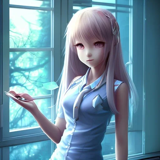 Anime girl studying in room, perfect face, window, nature, anime style, unreal engine 5, studio lighting --ar 2:1