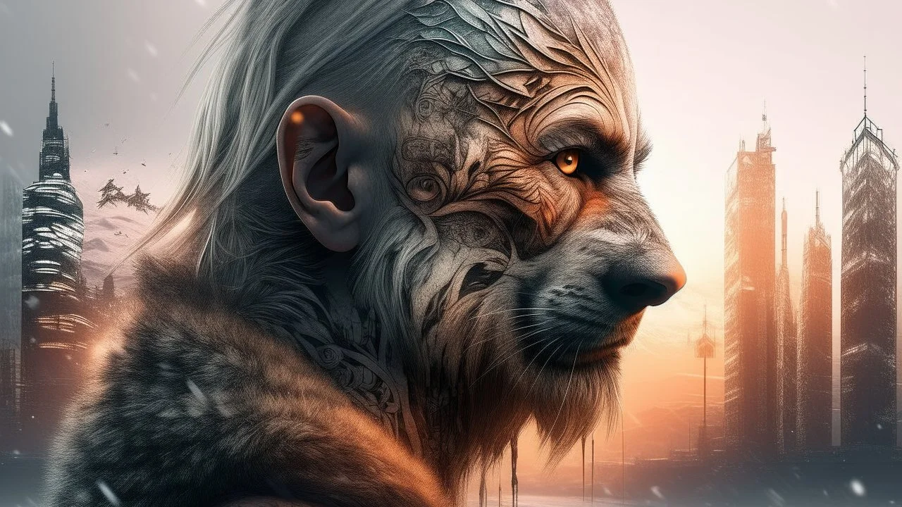 Double exposure, Wolfman, photorealism, man, city, sunset, snow, rain, fantasy, mystical, tattoo, vertical pupils, high detail, high resolution, 8K