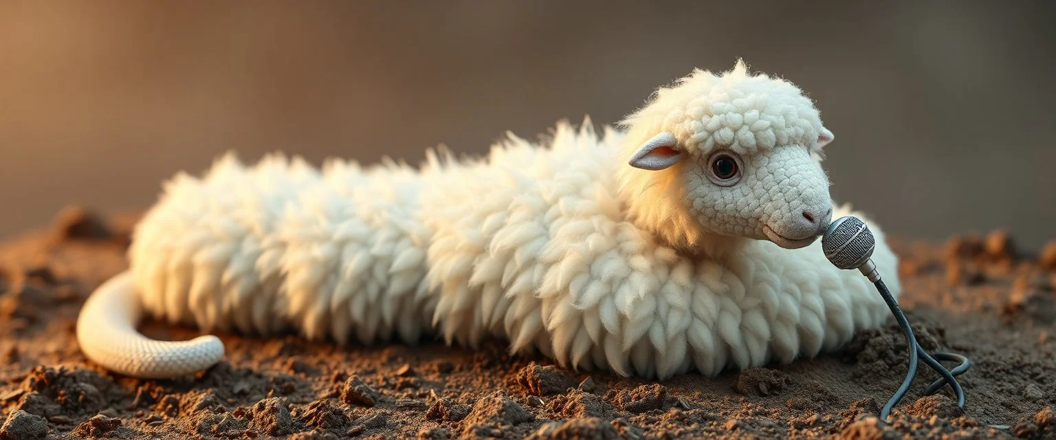 long fluffy slinky cloud snake with a sheeps head used as a mic