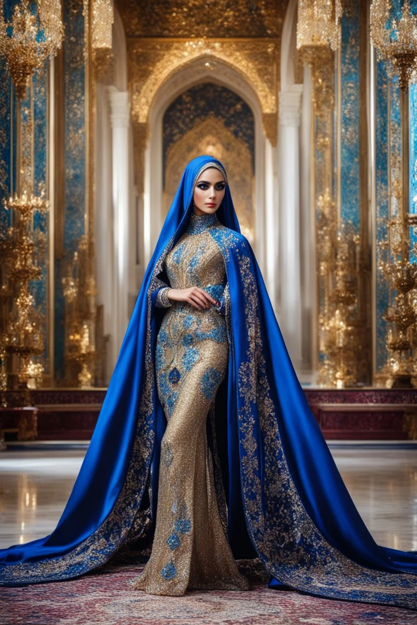 Gorgeous photography full body stand pose Beautiful super model Iranian islamic hijab dressing Luxury colors crystal diamonds sapphire,colorful art conceptual, amazing artwork,close-up portrait,luxury Royal Palace background