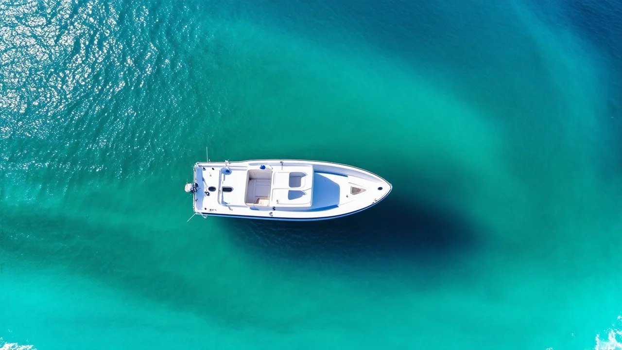 A small white boat anchored in the center of a large, swirling whirlpool of turquoise and azure ocean water, aerial view during a summer day with sunlight glimmering on the surface., high detail, split gradient colors background, cold light tones, blue tones, flash light