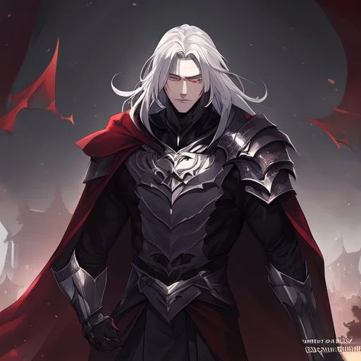 Vampire knight, young man, handsome, long white hair, black full plate armor, red cape