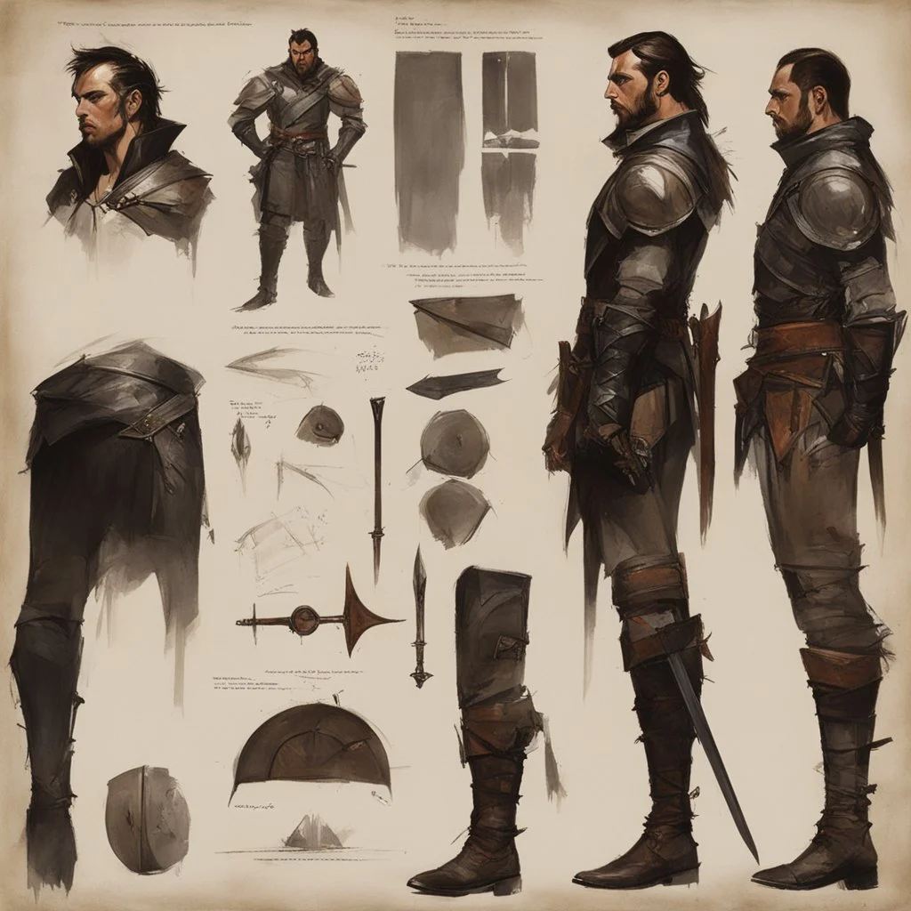 ConceptSheet by Guy Borremans: 'The Prince of thieves' - enchanted sexy leather mithril Design for the half-orc assassin