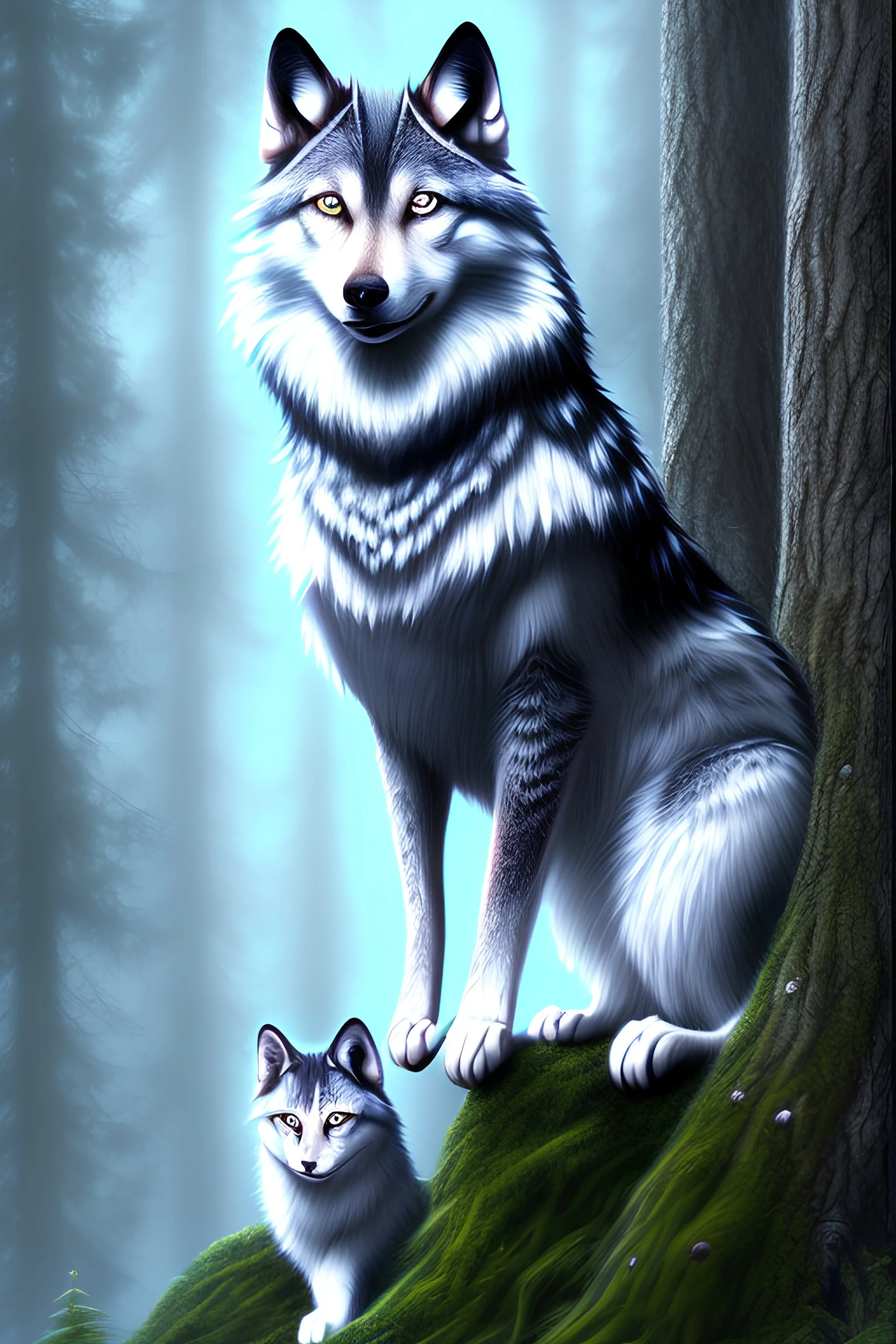 The handsome and perfect full body is on the spruce land, anime, a casual, gray-haired and lilac-eyed male character with wolf ears and a feline tail in the forest, 8K resolution, high quality, ultra graphics, and detailed with lines.