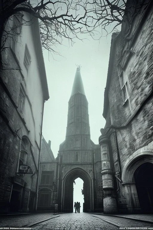 Creepy Old photo of Southampton bargate and eerie cat man and twisted street lights focussed on children's faces