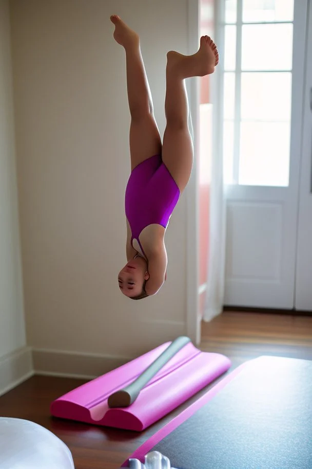 beautiful teen doing gymnastics in her room. bikini.