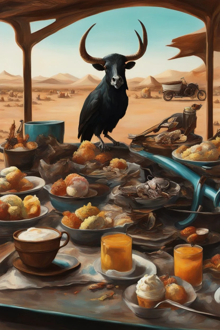 abstract and obsurt scene of an astraunot in the desert drinking tea at a round table, an ice cream stand in the background, broken tricycle,.dead fish, black crow, a cow and a skull, hyper realistic, 8k quality, striking colours, chaos80,