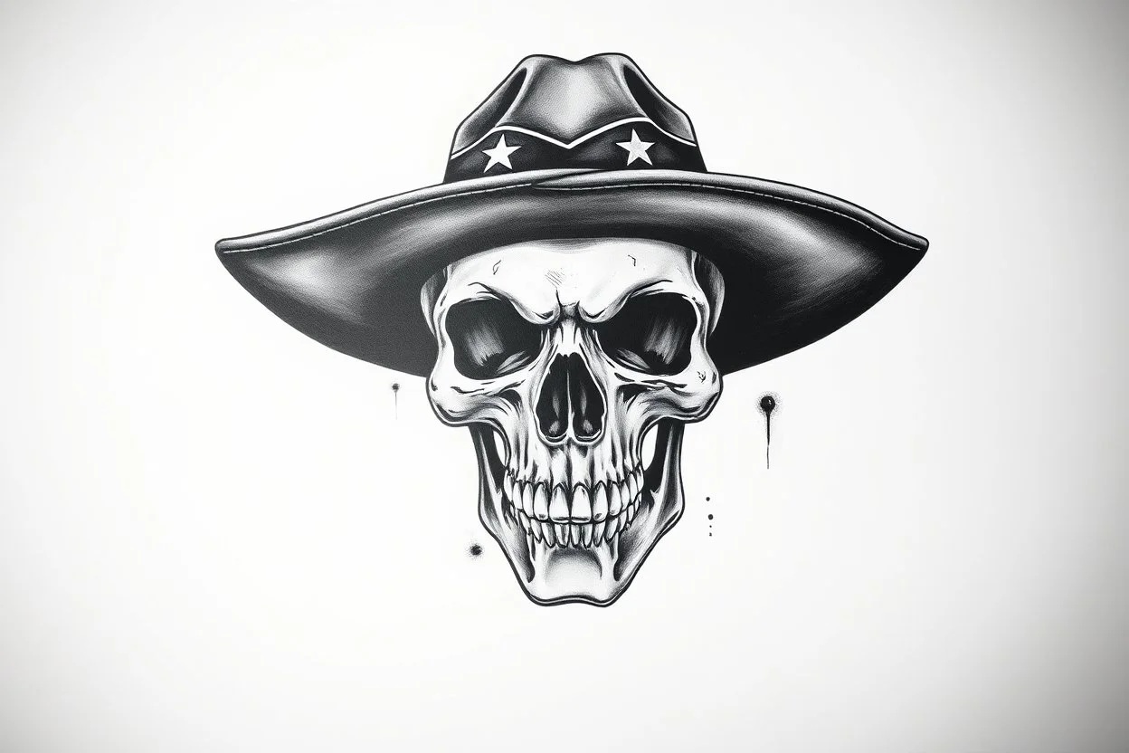 front facing skull (angry, wearing a wide confederate hat), airbrush on white background'