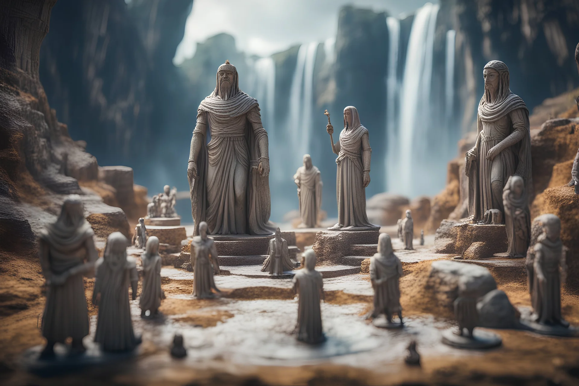 archeologists discovering storm giant people in minas tirith worshipping statues and idols, on a strange planet with weird colors and waterfalls, bokeh like f/0.8, tilt-shift lens 8k, high detail, smooth render, down-light, unreal engine, prize winning