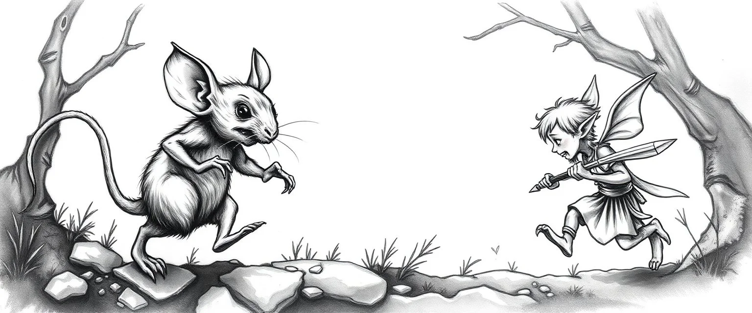 rat gremlin elf halfling pixie runner, airbrush and pen outline, high contrast