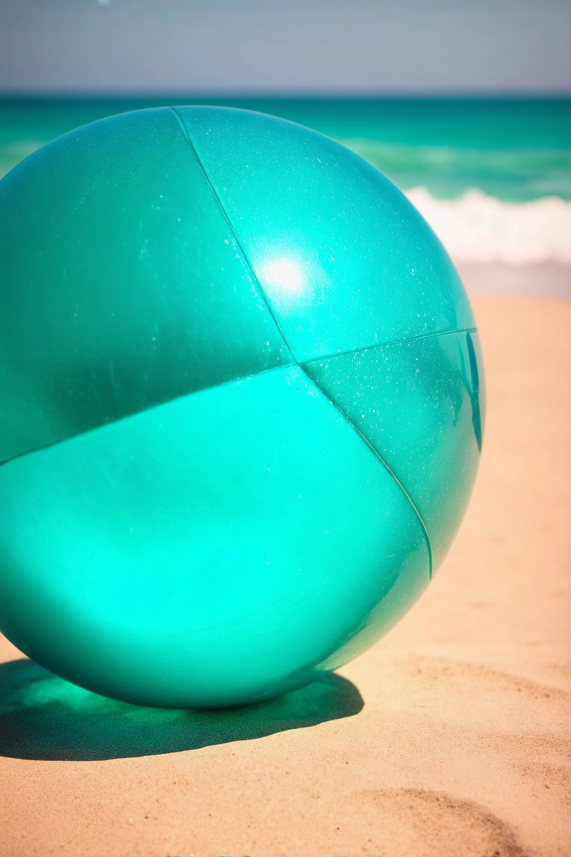 Turquoise glassy beach ball, old kodachrome, scratches, bokeh