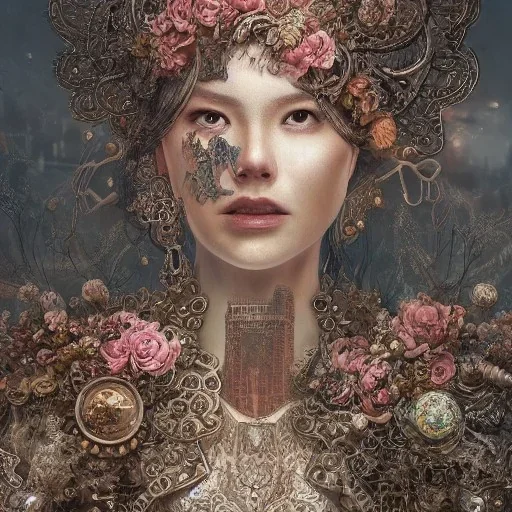 Insanely detailed photograph of an “portrait of gorgeous city” with intricate gears, intricate embroidered band, beautiful clear face and hyperdetailed painting by Ismail Inceoglu Huang Guangjian and Dan Witz CGSociety ZBrush Central fantasy art album cover art,8K, hdr, romantic, mysterious, ominous, flowers, jewelry, comfort, natural eyes