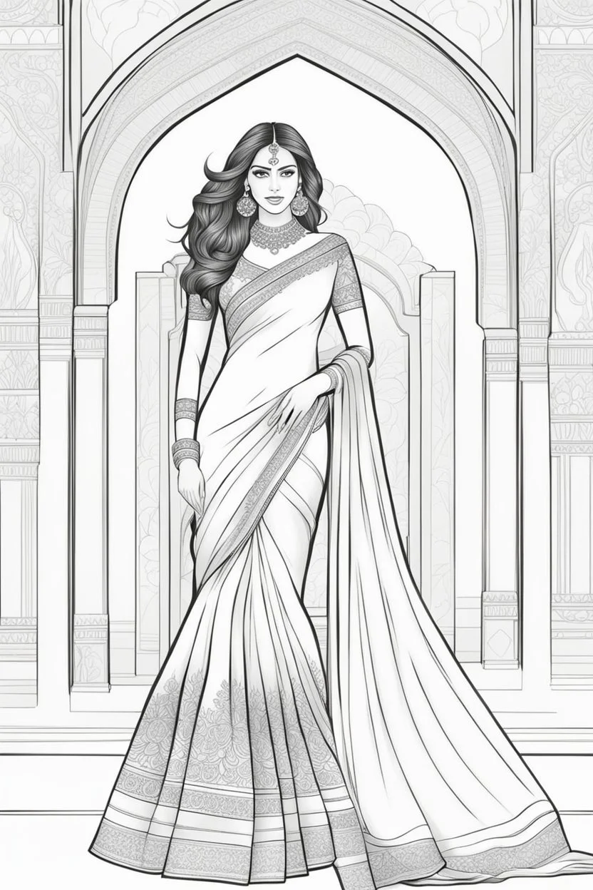 coloring page for adults of fashion model wearing hindi dress, thick and clear lines hair, full body portrait, style clean coloring page for adults, cartoon style, clean line art high detailed, white background, coloring book style, 8k, no-shading, thick lines hair, no-grayscale, lines hair