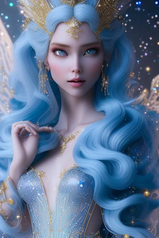 woman glitter blue fairy in a galactic ambiance, long blue hair, detailed gorgeous smile, delicate colors in the foreground, full of details, smooth, light effect，vaporwave colorful, smooth, extremely sharp detail, finely tuned detail, ultra high definition, 8 k, unreal engine 5, ultra sharpBeautyful smiling young woman, long hair amazing blue eyes, flowers, happy cosmic, bright colors, blue, pink, gold, jewels, realistic, photo real, clear sunny background, highly detailed, high contrast, 8k 