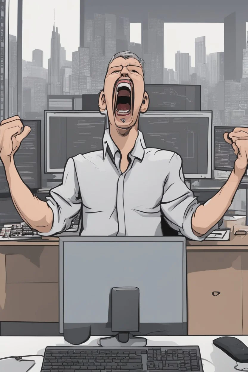 A 3d animated guy screaming with joy Infront of his PC as the bullish pips on the stock market is climbing, 8k, highly detailed