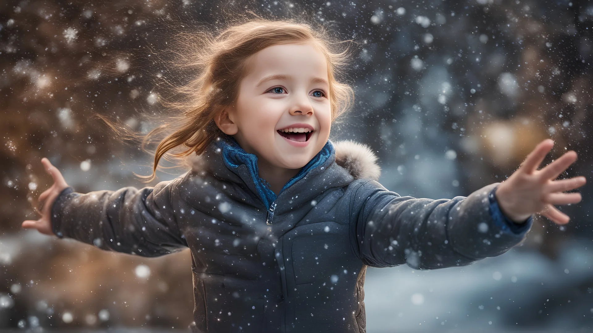 Magical Fantastic young happy child facing camera, Liquid Structure, Flying snowflakes, Splash, Portrait Photography, Fantasy Background, Intricate Patterns, Ultra Detailed, Luminous, Radiance, Joy, Exuberance, Fun, energy, excitement, Ultra Realism, Complex Details, Intricate Details, 16k, HDR, High Quality, Trending On Artstation, Sharp Focus, Studio Photo, Intricate Details, Highly Detailed, perfect anatomy