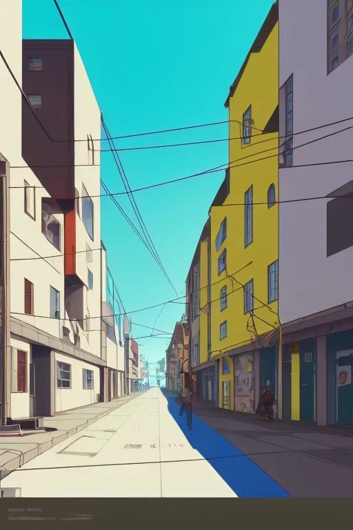 Bauhaus style city street, sloped street, street scene, cel - shading, flcl, jet set radio future, golden hour, Swedish town, concentrated buildings, swedish neighborhood, electrical wires, cel - shaded, strong shadows, vivid hues, y 2 k aesthetic