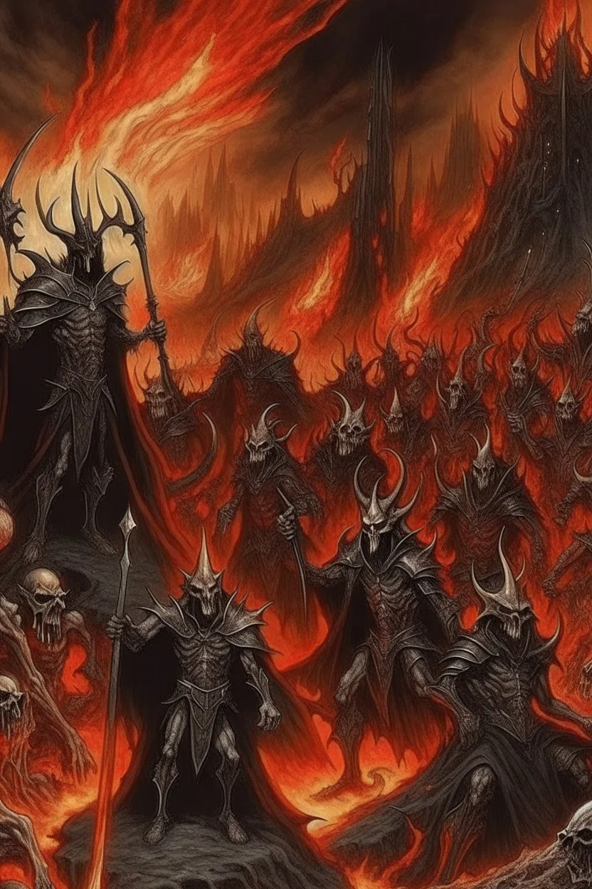 A picture of hell with hellish people in torment Sauron, the lord of darkness, with the devil and his army, in the land of destruction