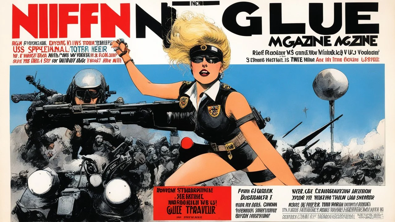 NIFFIN’ GLUE magazine #871 (13 Vroker 34) high res photo cover by Ralph Steadman: special 'nazis SS torture dystopia for her' issue; guest star : Barbarella as a time traveler in US military uniform