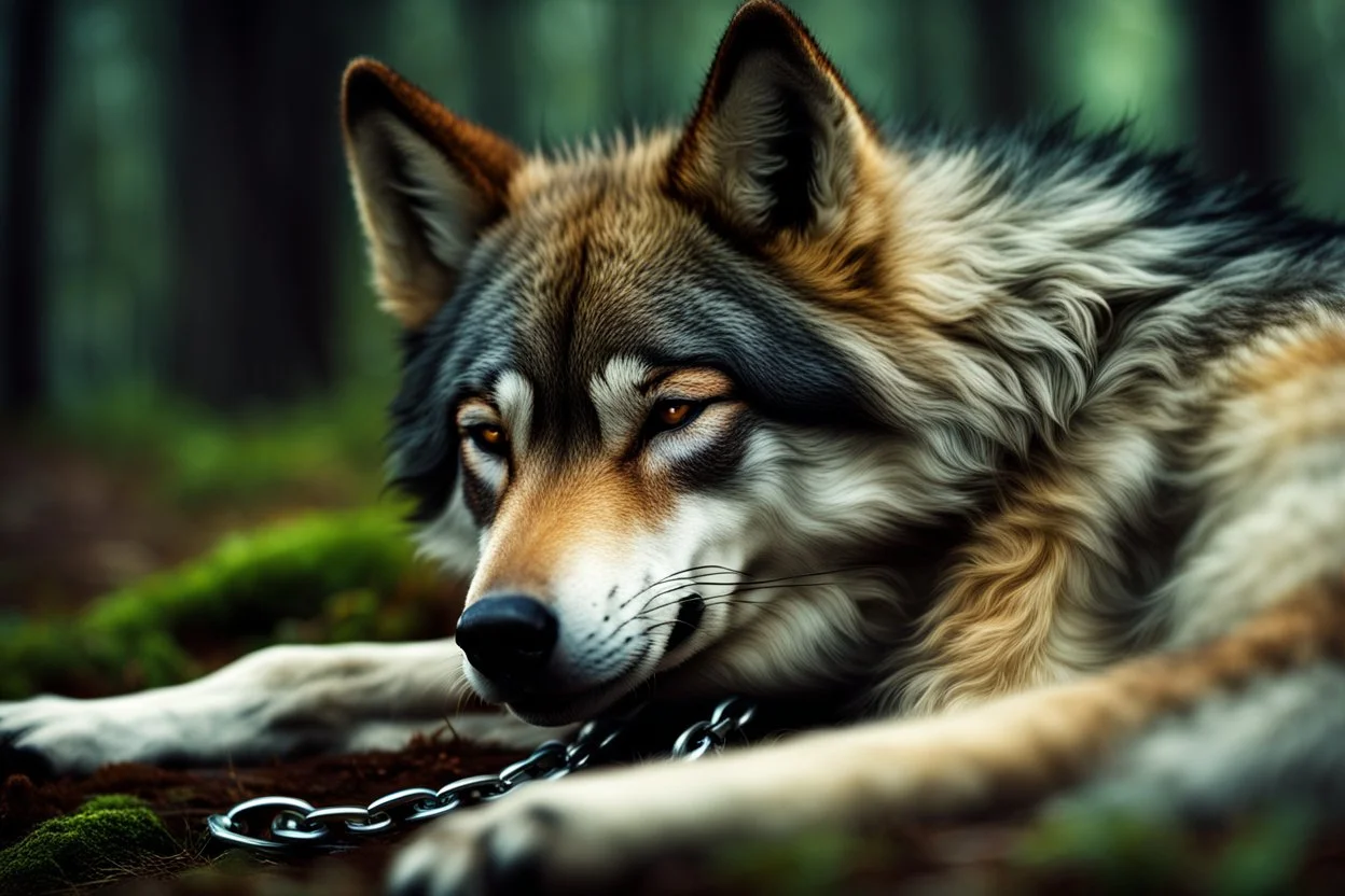 sad small scruffy wolf with a chain around its neck laying down eyes closed, photorealistic, dark fantasy, forest